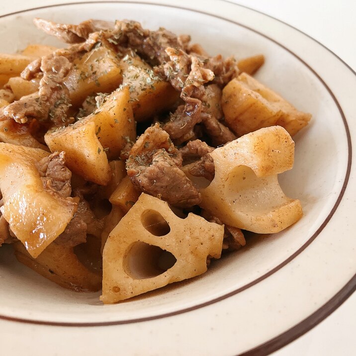 レンコンと豚肉のバルサミコ酢炒め